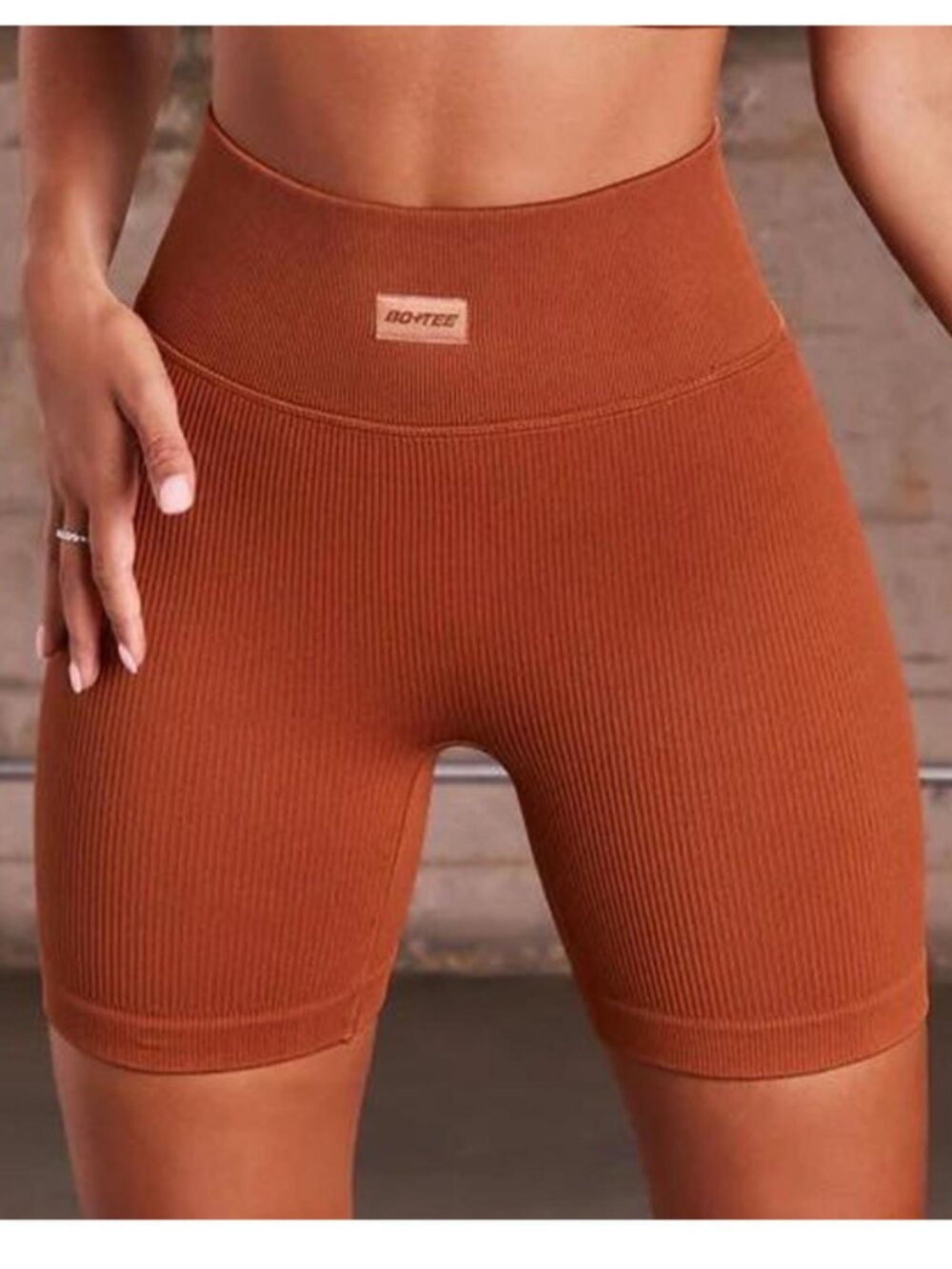 Bo+Tee Women's Ribbed High Waisted Bike Shorts in Light Brown